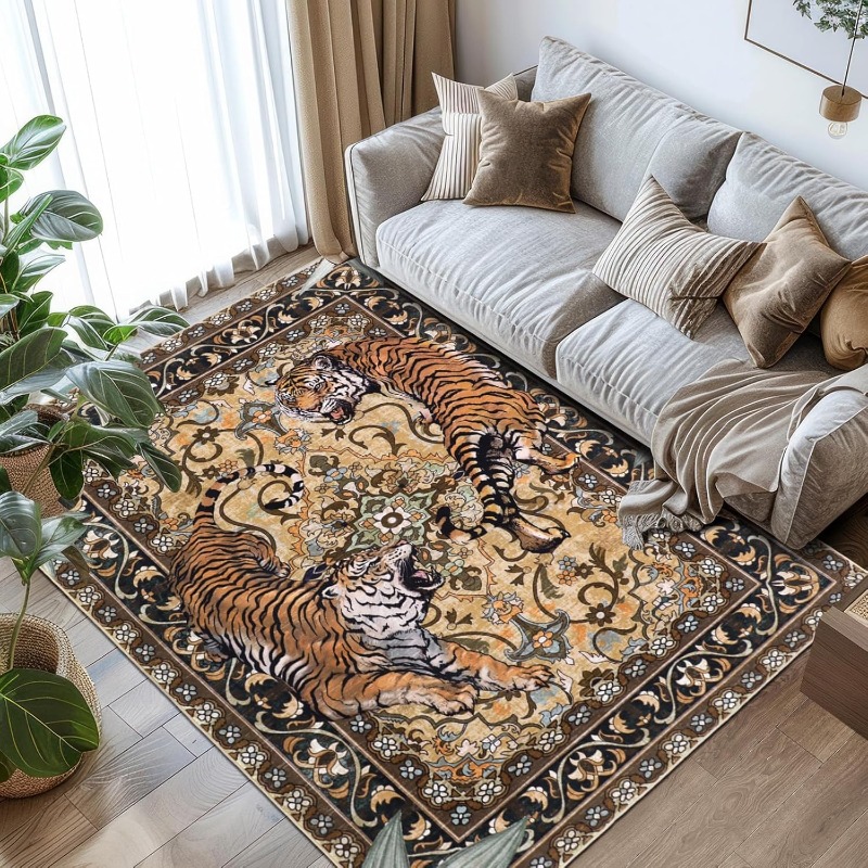 Commercial Printing And Design - Nordischer Retro-Tiger-Design-Wohnzimmerteppich, gelber Tiger-Druck, Schlafzimmerteppiche, maschinenwaschbar,
