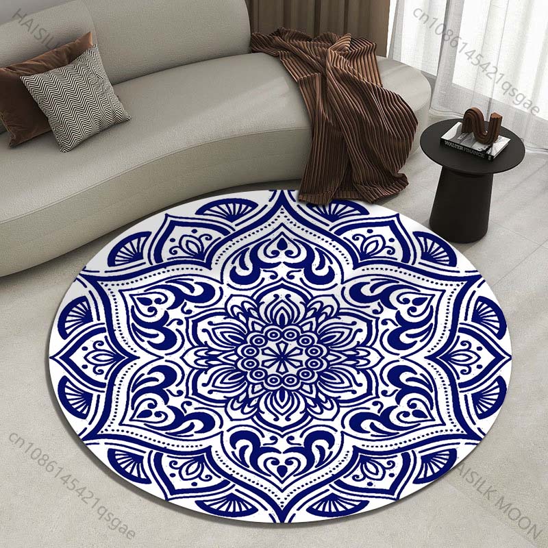 Commercial Printing And Design - Aufwendiges blaues Mandala-Design, bedruckter runder Teppich,